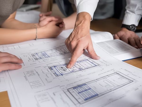 People reviewing a technical drawing