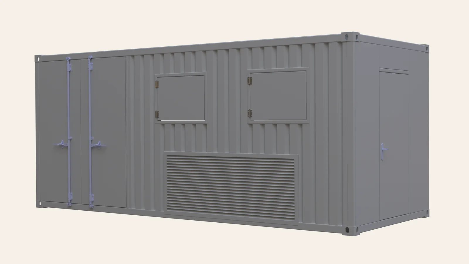 Steel eHouse enclosure render with access doors, inspection hatches and a ventilation louvre