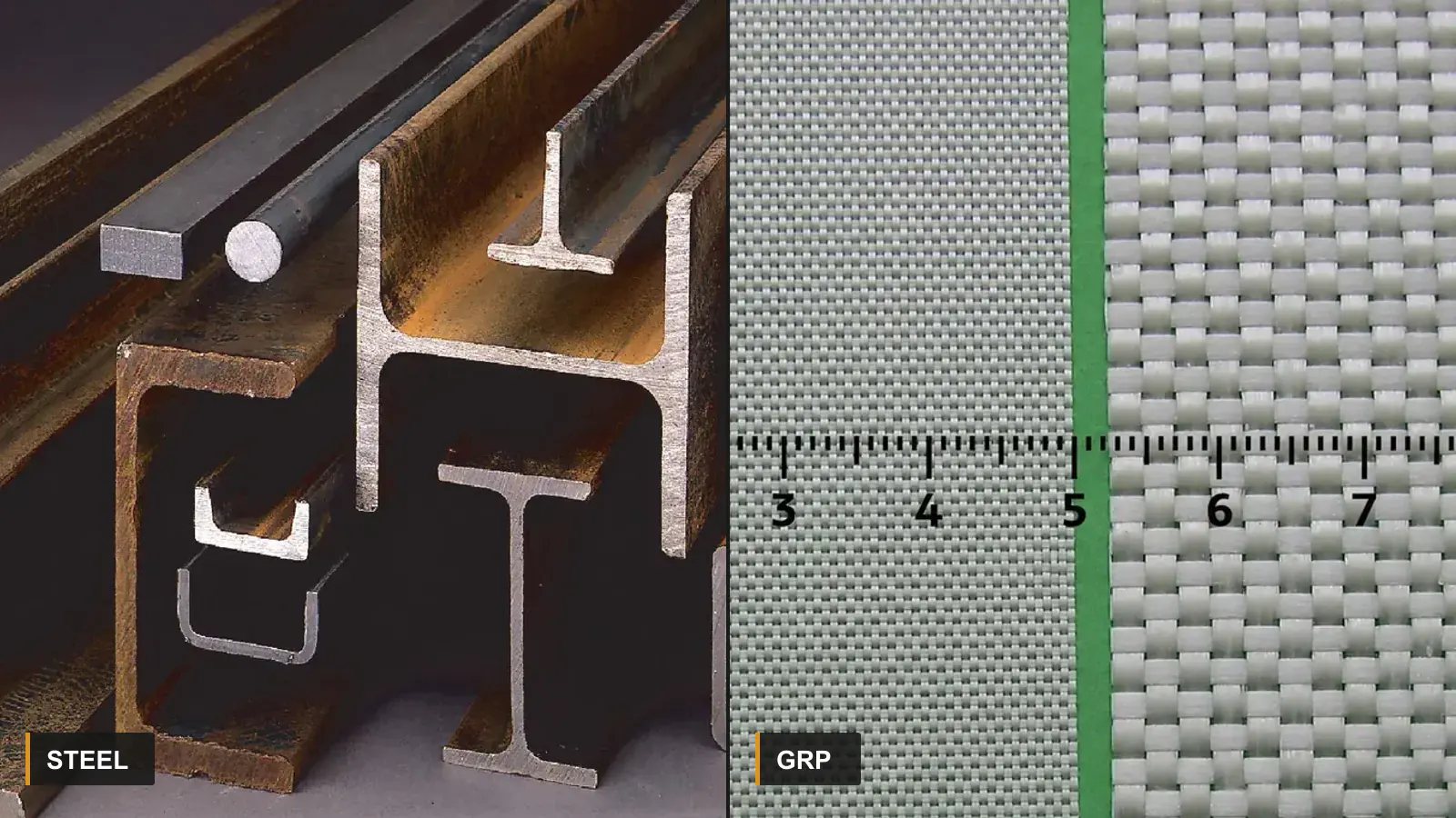 Side-by-side comparison of structural steel sections and woven glass-fibre reinforcement
